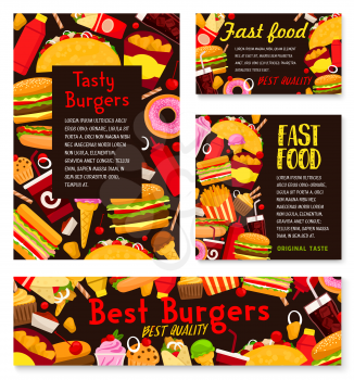 Fast food restaurant posters of burgers and fastfood sandwiches or snacks and street food meals. Vector pizza and Mexican burrito, chicken nuggets or fries and donut or coffee for menu design template