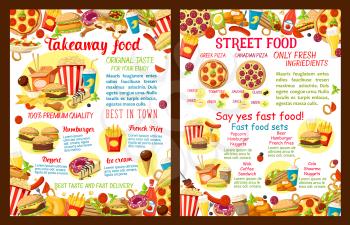 Fastfood or street food restaurant takeaway poster template for fast food cafe or bistro menu. Vector cheeseburger or hamburger burgers, hot dog sandwich, chicken nuggets and fries or popcorn combo