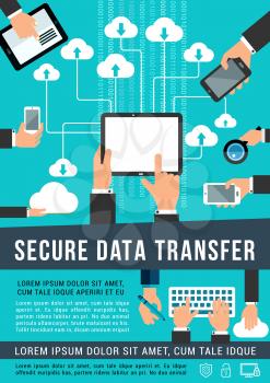 Secure data transfer and internet cloud network share technology vector poster. Cloud sharing system or files storage and multimedia communication or information security flat design