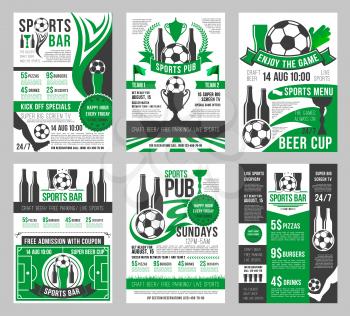 Soccer sports bar menu posters for special offer of craft beer, pizza, burgers and snacks or desserts. Vector menu design of soccer ball cup and arena stadium for football championship
