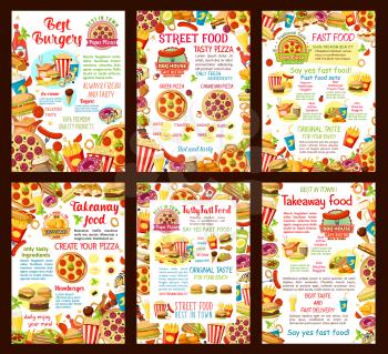 Fast food restaurant vector poster or menu template design for burgers, sandwiches or desserts and pizza. Street food snacks and meals of hot dog and fries, soda drink and popcorn for delivery