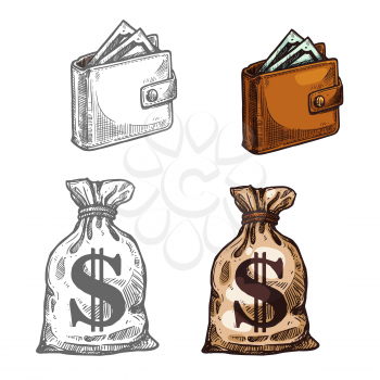 Wallet with money and sack of dollars vector icon. Brown wallet full of money, concept of rich and wealth. Vector image with banknotes or cash. Money design isolated on white background