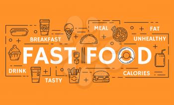 Fast food poster of fastfood thin line icons. Vector hot dog sandwich, cheeseburger and hamburger burgers, pizza or tacos and popcorn with soda and donut dessert for cinema bistro or restaurant design