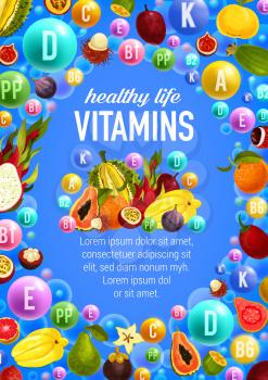 Vitamins poster for healthy life of fruits and vegetables. Vector cabbage, papaya or carrot and corn, exotic mango fruits with radish and beet vegetable for multivitamin complex package design