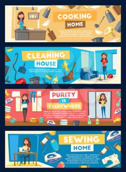 House cleaning, cooking and sewing banners for housewife or service. Vector cartoon woman at home work, washing machine, ironing clothes or linen, mopping floor with vacuum cleaner and cook at kitchen