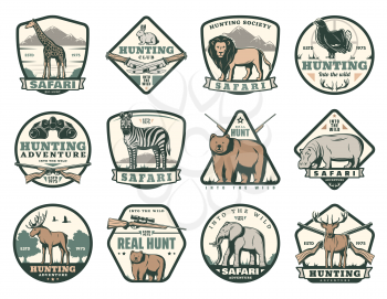 Hunting club icons of wild animals for African safari and open season hunt. Vector badges for hunter society giraffe, lion or rabbit and pheasant bird, zebra or bear and hippopotamus with elephant