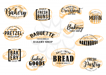 Bakery bread and pastry cakes lettering for baker shop. Vector sketch wheat buns, croissant and muffin dessert or pretzel and baguette for premium quality bakeshop or patisserie