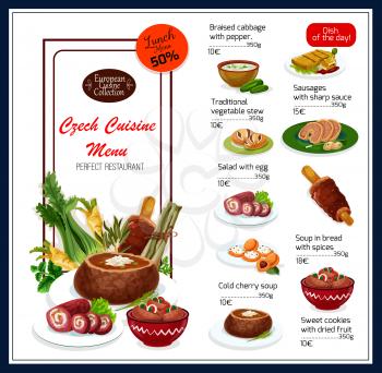 Czech cuisine traditional food menu. Vector lunch offer discount for braised cabbage with pepper, sausages with sharp sauce or vegetable stew and egg salad, bread or cold cherry soup or sweet cookies