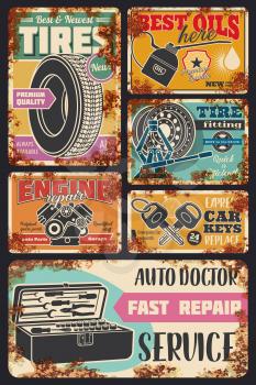Car service and auto center cards with vintage rust effect. Vector retro rusty posters design for car engine oil service, tire fitting or pumping and mechanic repair or spare parts store