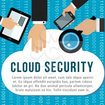 Cloud security poster for cloud computing and data storage technology design. Hand with tablet computer, mobile phone and magnifying glass synchronizing with protected data stream of cloud storage