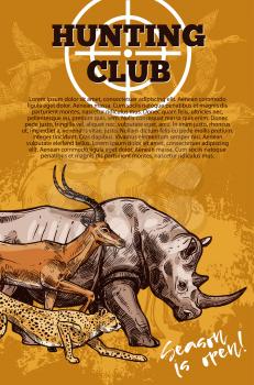 Hunting club banner with shooting target and african safari animal. Rhino, antelope and jaguar, duck, deer and elk sketches for safari trip promo flyer or hunting season opening event poster design