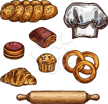 Bread isolated sketch of bakery and pastry shop product. Loaf of wheat bread, croissant and bun, cake, cupcake and bagel with white baker hat and wooden rolling pin icon for cereal food label design