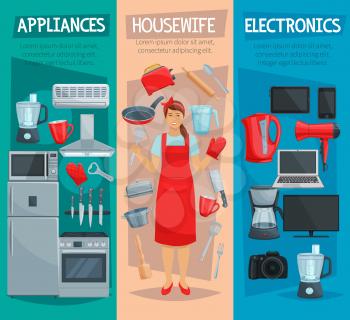 Home appliances and kitchenware banner. Housewife with refrigerator, microwave and coffee machine, knife, fork and mixer, frying pot, stove and mixer, computer, tv and camera, kettle, cup and spoon