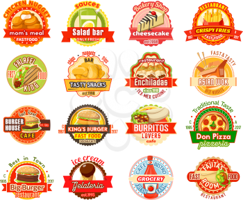 Fast food label set of american, mexican and asian cuisine. Burger, hamburger and pizza, french fries, chicken nuggets and taco, burrito, ice cream and chinese wok noodle for restaurant badge design