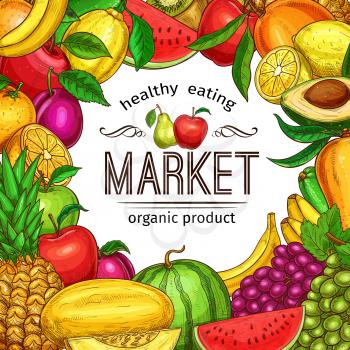 Fresh fruit sketch frame for farm market banner. Orange, apple and lemon, pineapple, grape and banana, mango, watermelon and plum, melon and avocado poster border design with copy space in center