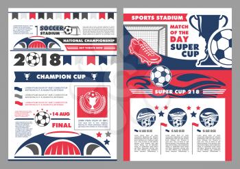Soccer sport stadium poster for football championship match. Football sport club banner with heraldic badge of soccer ball in trophy cup, framed by laurel wreath, sporting arena, goal gate and flag