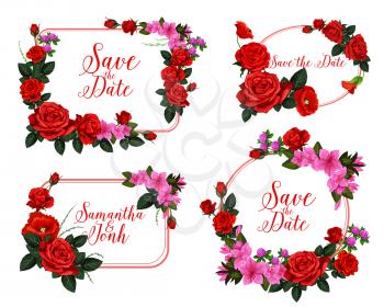 Wedding card with Save the Date floral frame. Red rose, poppy, clover and pink lily flower wreath for wedding celebration invitation and anniversary greeting card template design