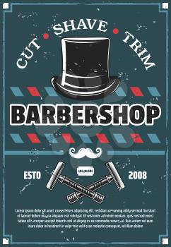 Barbershop and haircut saloon with hair, beard and mustache grooming accessories. Barber razor, blade and moustache with vintage hat. Gentleman barber shop and hairdressing salon vector design