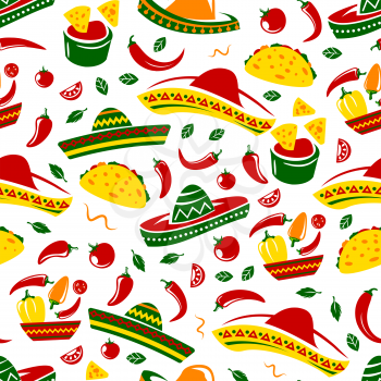 Mexican food seamless pattern background of tacos, nachos and burritos, sombrero, corn tortilla and chili pepper tomato sauce salsa, avocado guacamole, spices and herbs. Mexico cuisine vector design