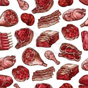 Meat food seamless vector pattern of beef and pork steak, ham and chicken, burger patty, turkey leg and rib roast, loin chops and rustic belly. Butcher meat cuts backdrop