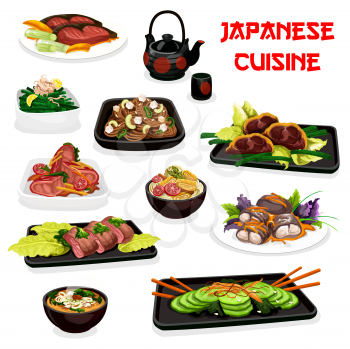Japanese fish and meat dishes, traditional cuisine. Vector salmon steak and stewed perch, pork with ginger sesame sauce and mustard, noodles and veggies, spinach and cucumber salads, mushroom soup
