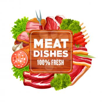 Meat food vector frame of beef steak, pork sausage and ham, bacon, ribs and salami, lamb loin and chops with barbecue fork, garlic and salad leaves. Butchery shop, bbq restaurant and grill bar design