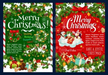 Christmas gift, wreath and snowman poster of winter holiday celebration. Present, Santa bell and star greeting card with holly and pine tree frame, adorned with ribbon bow, snowflake, candy and cookie