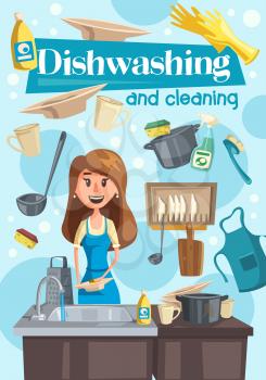 Washing dishes and cleaning with housewife near sink. Woman wearing apron, pan and cup in kitchen, dish soap and sponge, rubber glove and plates. Household chore, house cleaning vector