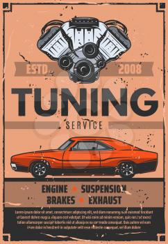 Car tuning service, vector. Mechanic pimping of engine, suspension or exhaust and brakes. Vector vintage design of vehicle auto repair and garage station