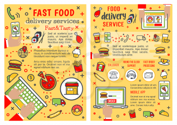 Fast food delivery service and fastfood restaurant or cafe online order. Vector burgers, pizza and sandwiches or desserts delivery from mobile phone or computer, linear style