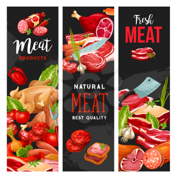 Meat products, butcher shop or gourmet farmer store. Vector chicken or turkey grill, pork bacon, wurst, brisket and beef steak with cutlets, ham or mutton ribs, sausage and seasonings
