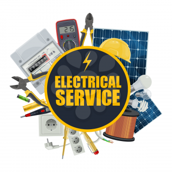 Electrical service, electrician repair tools and engineer equipment. Vector solar panel battery, electric counter and light bulbs, hard hat and tester, light switcher in socket and voltmeter