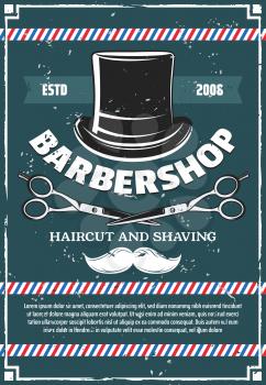 Barbershop salon premium retro poster design. Vector barber shop beard and hair salon vintage banner with hipster mustaches and gentleman hat with scissors