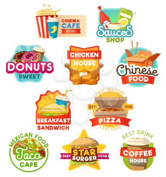 Fast food pizza, snacks and beverage vector icons. Vector Chinese noodles, burger and pizza, donut dessert and sandwich, coffee and chicken nuggets, tacos and popcorn