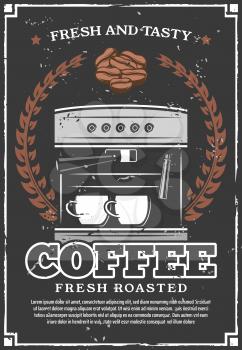 Coffee retro poster, vector coffee machine, laurel wreath and cups or beans. Cafeteria or cafe design, premium quality coffee shop or coffeehouse