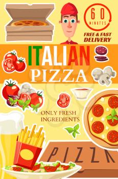 Italian pizza delivery poster for pizzeria fast food cafe or restaurant. Vector of pizza delivery man with box of margherita or capricciosa. Ingredients tomato and salami, pepperoni and mushrooms