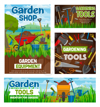 Garden shop and gardening agriculture equipment tools. Vector farm spade, rake or pitchfork and wheelbarrow, gardener agronomy or farming and planting inventory secateurs and hack hoe