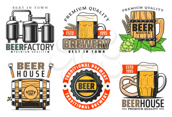 Premium brewery or beer production factory and brewing company icons. Vector traditional beer bottle with hop leaf, malt and quality star