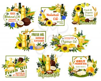 Natural vegetable oils of sunflower, olive and nuts, vector posters. Oil bottles and jars with organic coconut butter or avocado and hemp seed or hazelnut and corn cooking oil