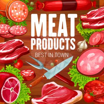Butchery meat products and butcher shop sausages. Vector grocery store meaty sausages, beef steak or pork ham, smoked brisket meat and salami or pepperoni and cervelat gastronomy