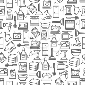 Home appliances and household kitchen utensils seamless pattern. Vector thin line cooking stove and apron, needlework sewing machine thread and needle, coffee machine or hair dryer and bathroom towels