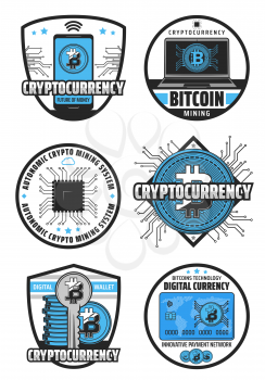 Bitcoin cryptocurrency, digital currency mining and blockchain technology. Vector icons of crypto currency mine, digital wallet in smartphone and credit card with key code to mining system