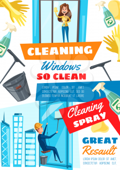 Window cleaning home and rope access service. Vector rope access technician clean building windows, housewife with sponge, glass cleanser and scraper