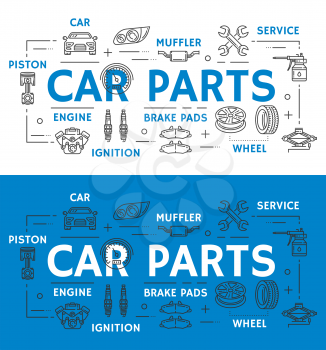 Car repairing service line art poster separate mechanic vehicle parts. New muffler, brake pads of high quality, powerful engine, strong ignition, wheel replacement and metal piston outline vector.