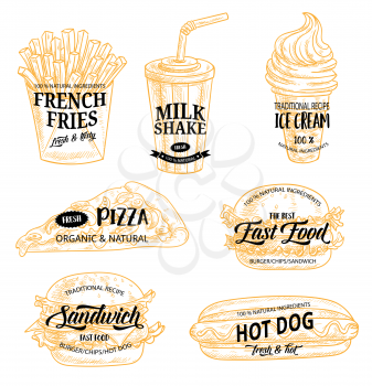 Fastfood sketches, promo icons. Hot french fries and milk shake, tender ice cream and big pizza slice, tasty burgers and hot dog with mustard. Street food symbols, takeaway food and drinks vector.