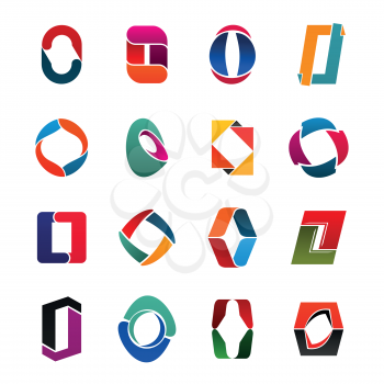 Icons shaped as O letter for business and organizations set. Rounded promo symbols made of color details. Alphabet O letter signs as creative elements with bright colors and unusual forms vector