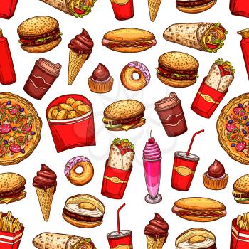Street fast food desserts, drinks and snacks icons seamless pattern. Background with kebabs and fried chicken, burgers and hotdog, pizza and coffe, sweet soda, chocolate cake and donuts vector sketch