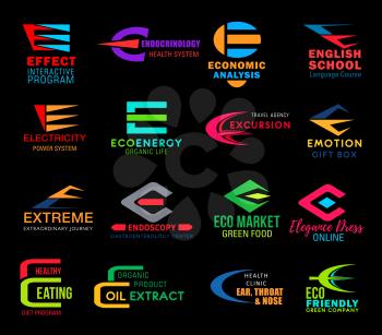 Icons on letter E vector symbols for business isolated. Effect interactive program and endocrinology system, economic analysis and English school, electricity and ecoenergy badges, excursion and eco.