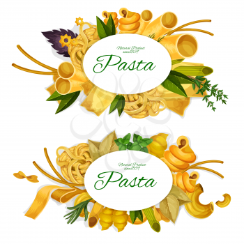 Pasta natural product commercial icons with macaroni and spaghetti, fusillini and farfalle, rigatoni and lasagna, best hard sorts. Main Italian cuisine element vector isolated on white