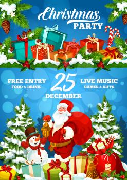 Christmas and New Year party poster. Vector Santa Claus and snowman near Xmas tree with red sack full of gifts, present boxes and ribbon bow, snow, candy cane and stars. Winter holidays celebration